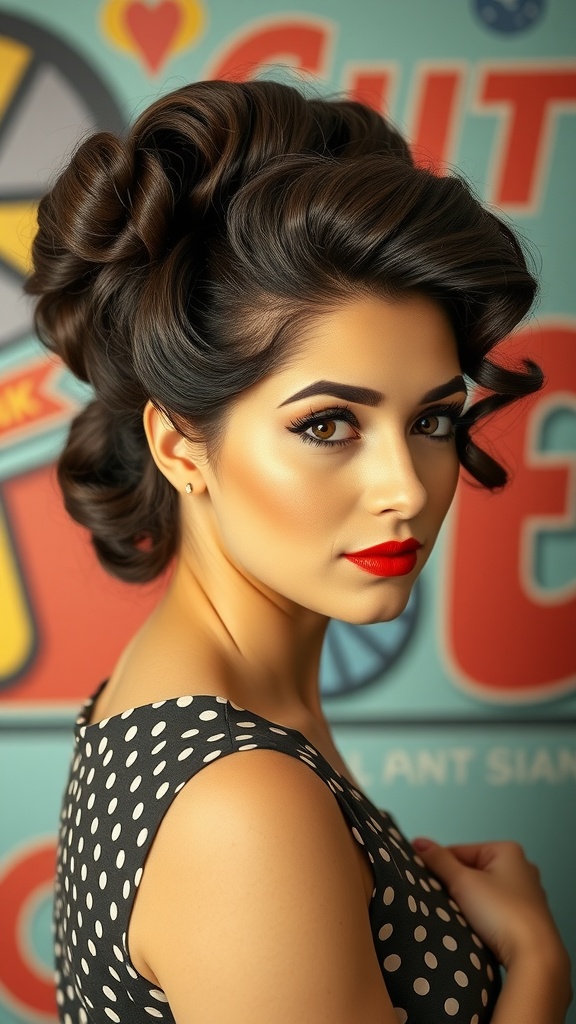 Woman with a curly bouffant updo hairstyle, wearing a polka dot dress and bright red lipstick.