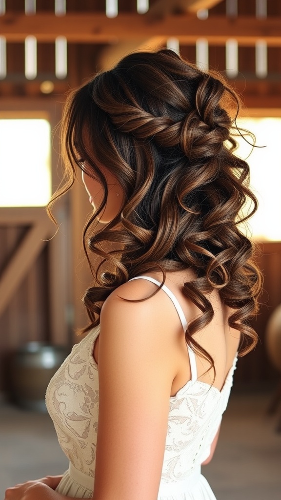 A woman with curly hair styled in a fishtail updo, showcasing defined curls and an elegant appearance.
