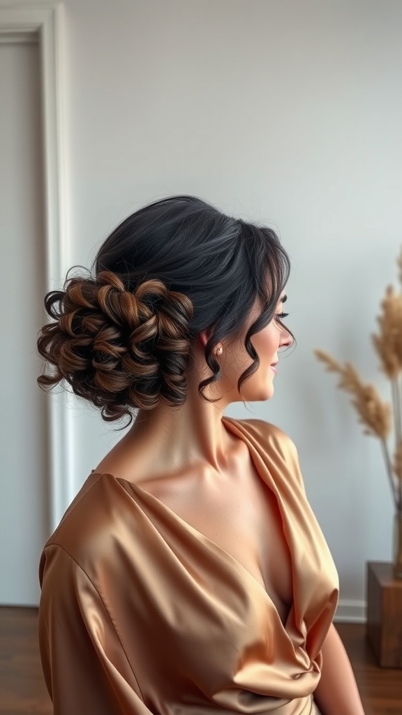 A woman with curly hair styled in a low bun, showcasing voluminous curls framing her face.