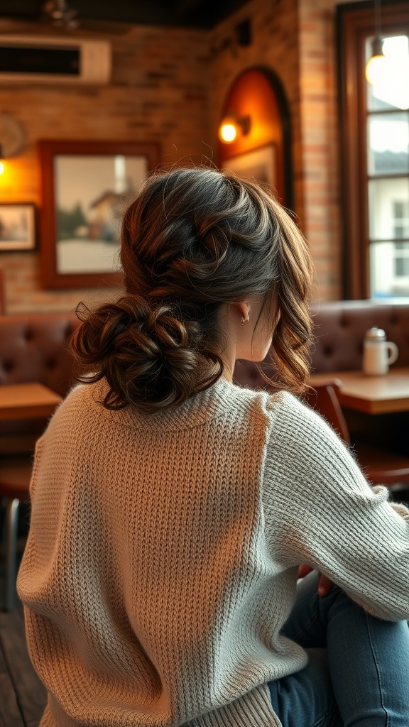 A woman showing a curly messy low updo hairstyle, sitting in a cozy café setting.