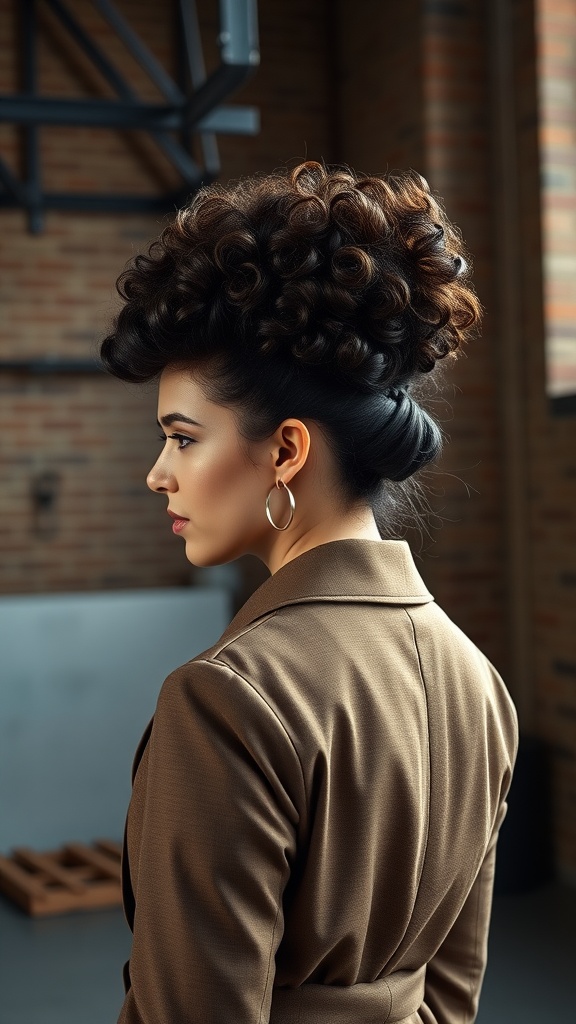 A woman with a curly pompadour updo hairstyle, showcasing volume and elegance.