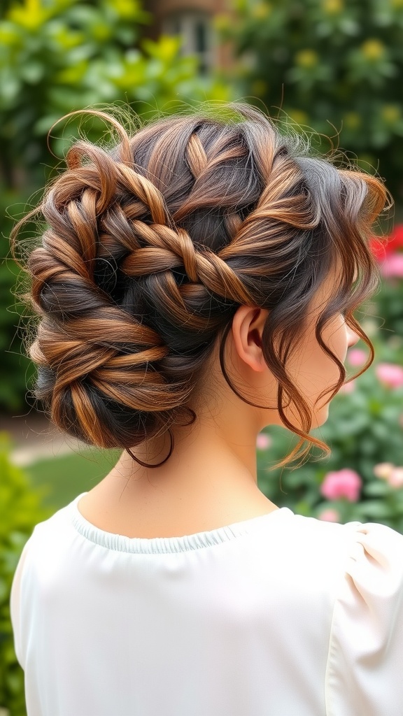 A woman with curly hair styled in an elegant braided bun, surrounded by greenery.