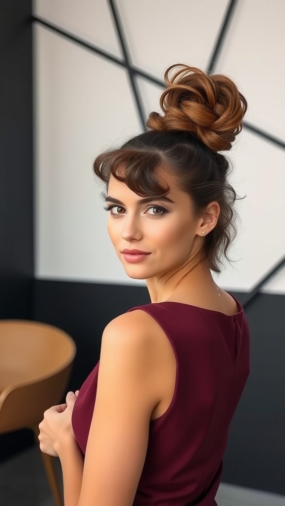 A woman with curly hair styled in a high twist updo, showing off her curls elegantly.