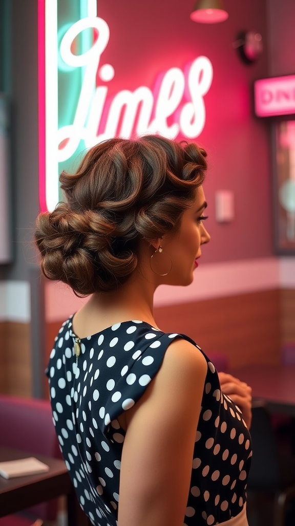 A woman with a curly vintage roll updo, wearing a polka dot dress, standing in front of a colorful neon sign.