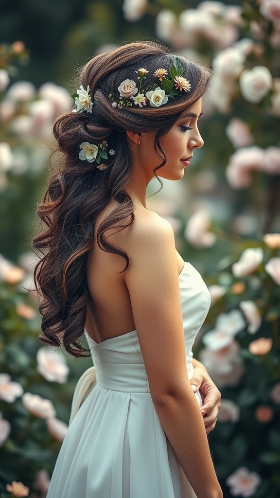 A woman with curly hair styled in a low chignon adorned with flowers, standing in a garden.