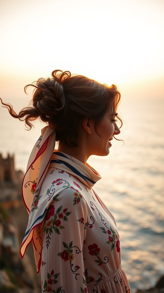 A woman with curly hair styled in an updo, wearing a silk scarf, standing by the sea during sunset.