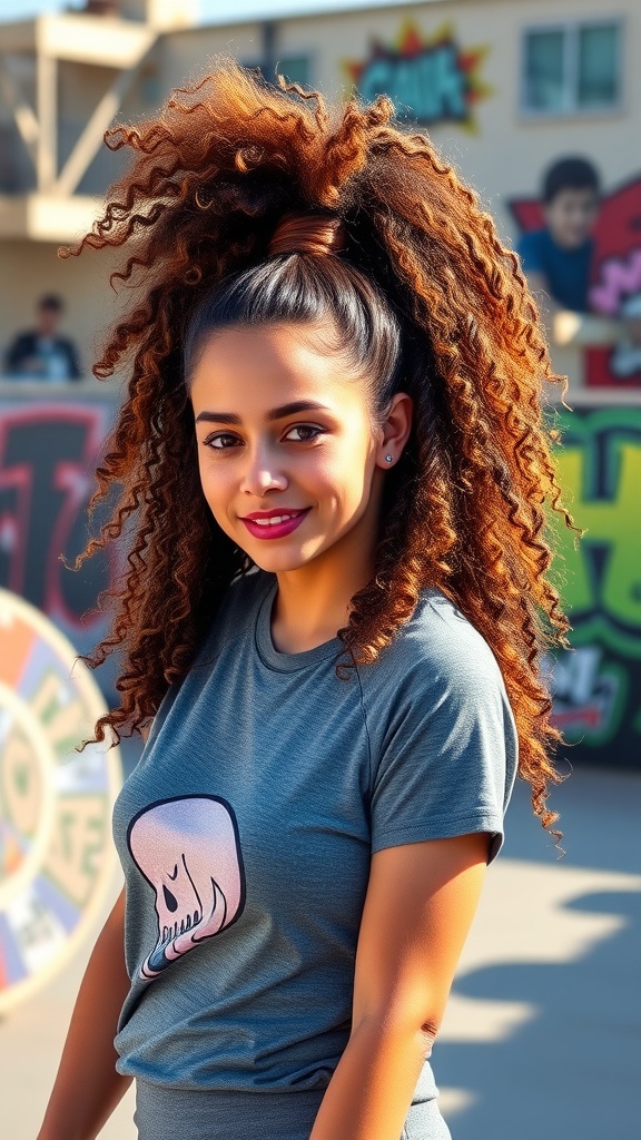 A young woman with curly hair styled in a high ponytail, showcasing vibrant curls and a casual outfit.