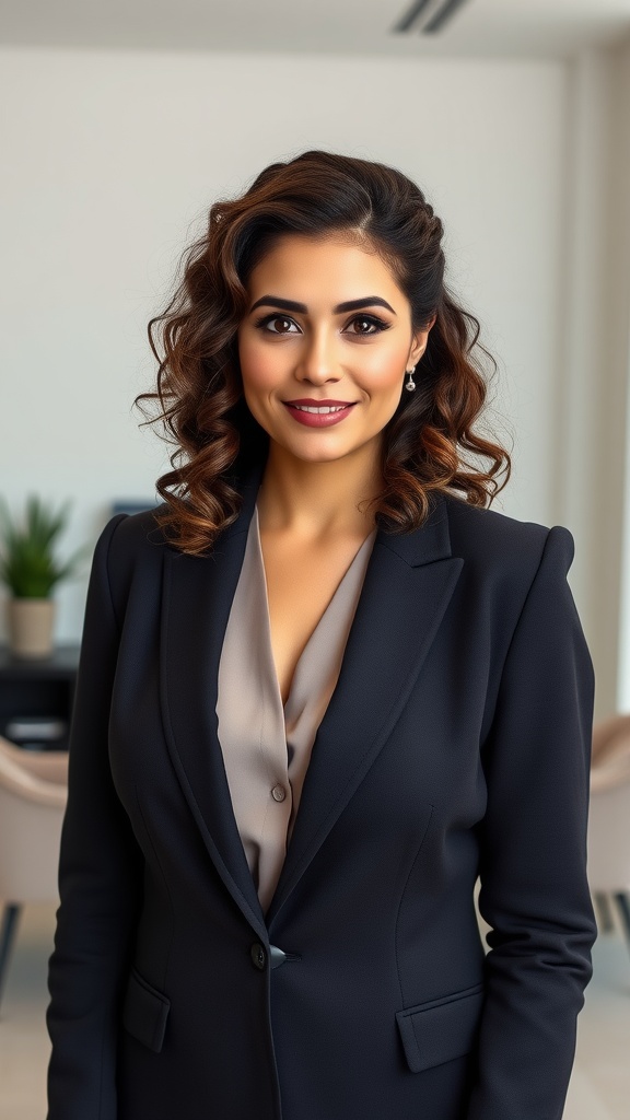 Woman with curly hair styled in a low twist updo, wearing a professional outfit.
