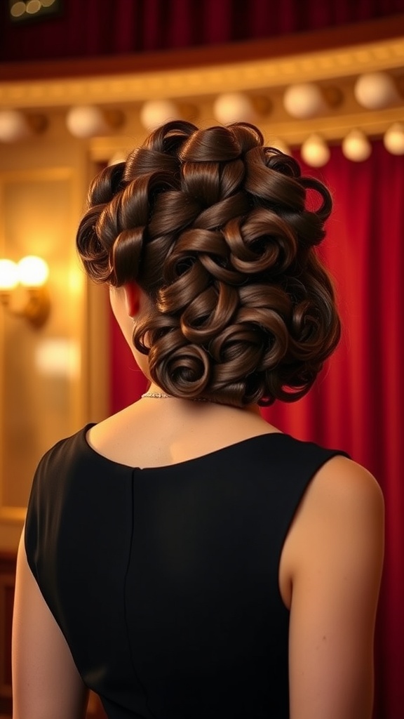 A woman with a curly rolled updo hairstyle, showcasing defined curls in a rolled arrangement against a red curtain backdrop.