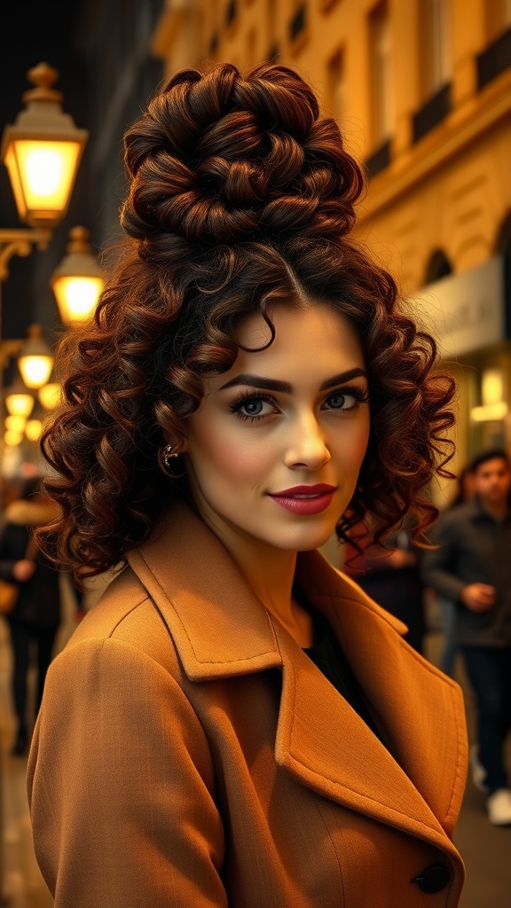 A woman with curly hair styled in a voluminous top knot, wearing an orange coat, smiling in a softly lit urban setting.