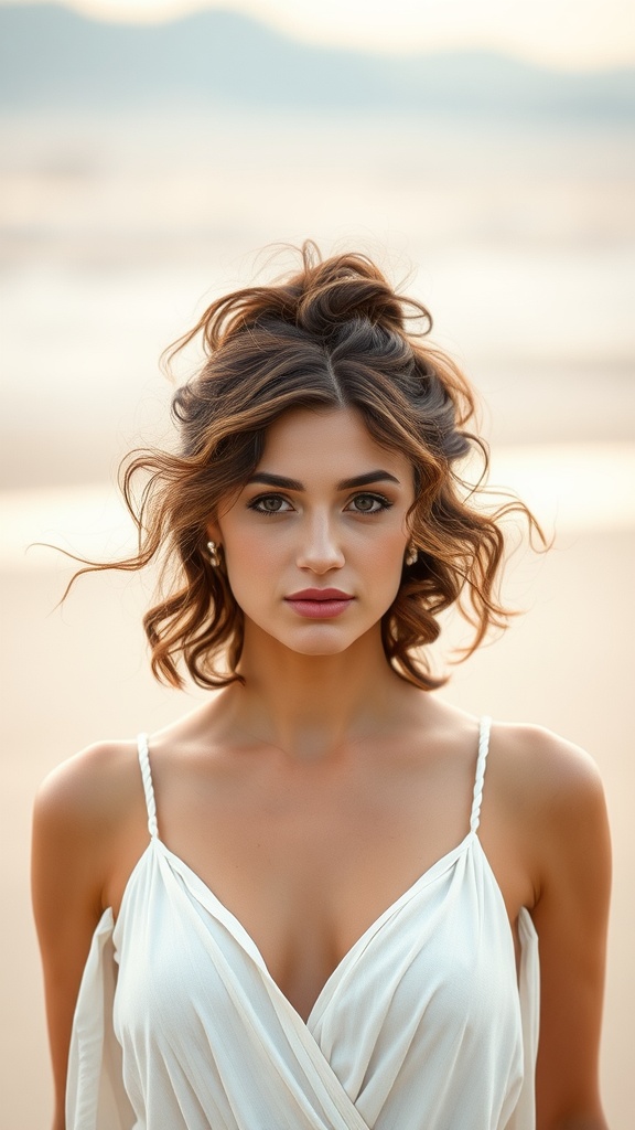 A woman with curly hair styled in a messy updo, smiling at the camera.