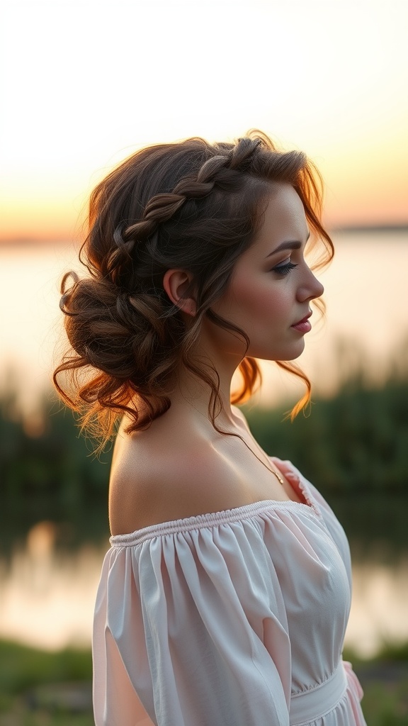 A woman with curly hair styled in a braided side bun, set against a sunset background.