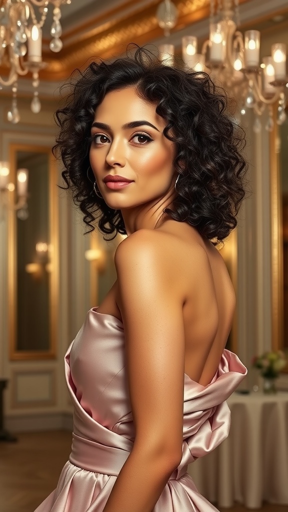 A woman with curly hair styled in a twisted low knot, wearing an elegant dress.