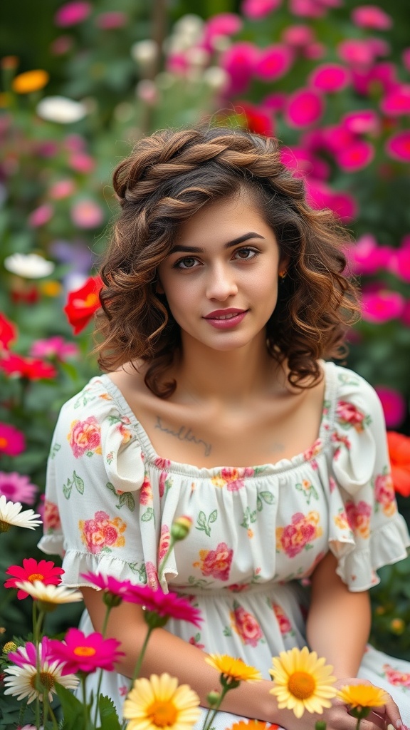 A woman with curly hair styled in a braided crown, surrounded by colorful flowers.