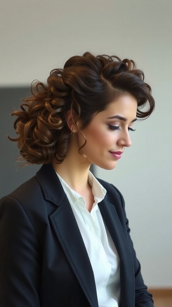 A woman with curly hair styled in a chic chignon, wearing a black blazer and white shirt.