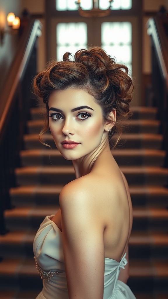 A woman with curly hair styled in a halo updo, wearing a white dress, standing on a staircase.