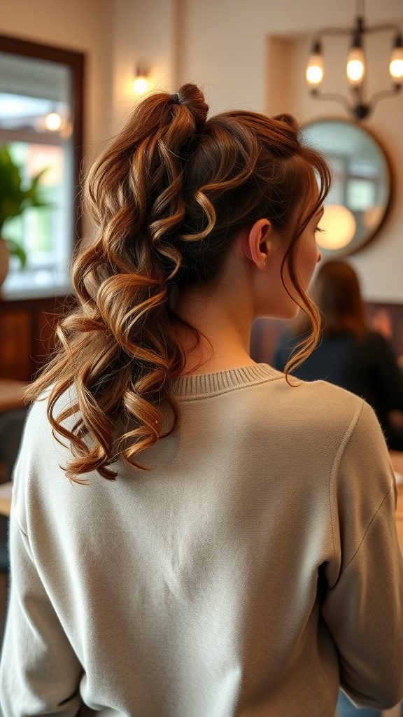 Back view of a woman with a curly low ponytail, showing defined curls and a casual style