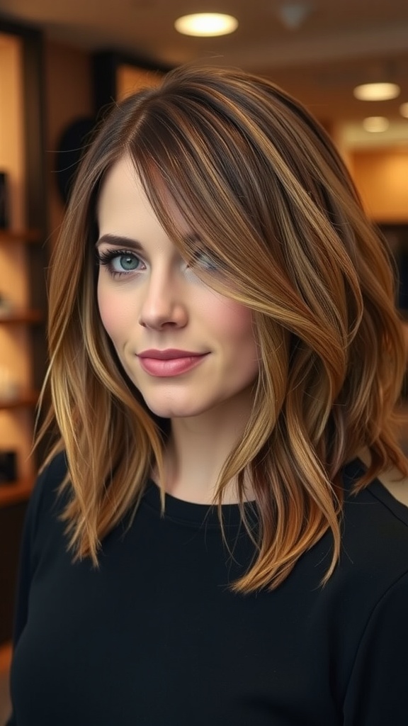 A woman with an A-Line Bob haircut featuring blended layers, showcasing warm highlights and a stylish, casual look.