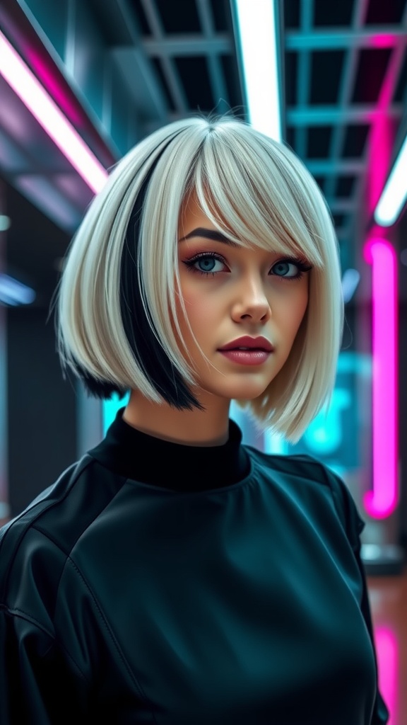 A young woman with a bold A-line bob haircut featuring platinum blonde and deep black colors, standing in a modern setting with colorful lighting.