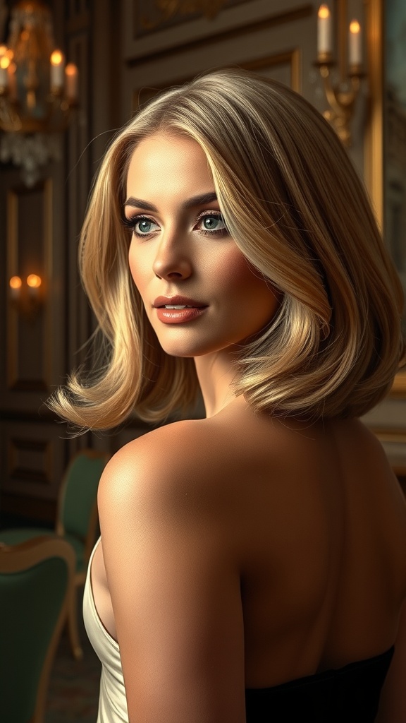 A woman showcasing an A-line bob haircut with deep waves, exuding elegance in a softly lit room.