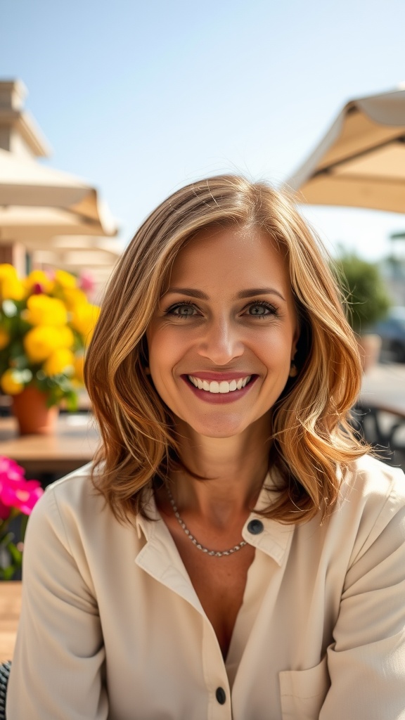 Woman with an A-Line bob haircut featuring flicked ends, smiling confidently outdoors