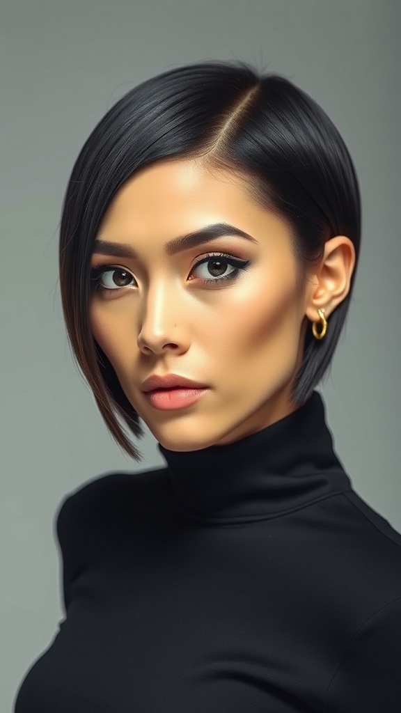 A woman with a sleek A-line bob haircut and micro bangs, wearing a black turtleneck.