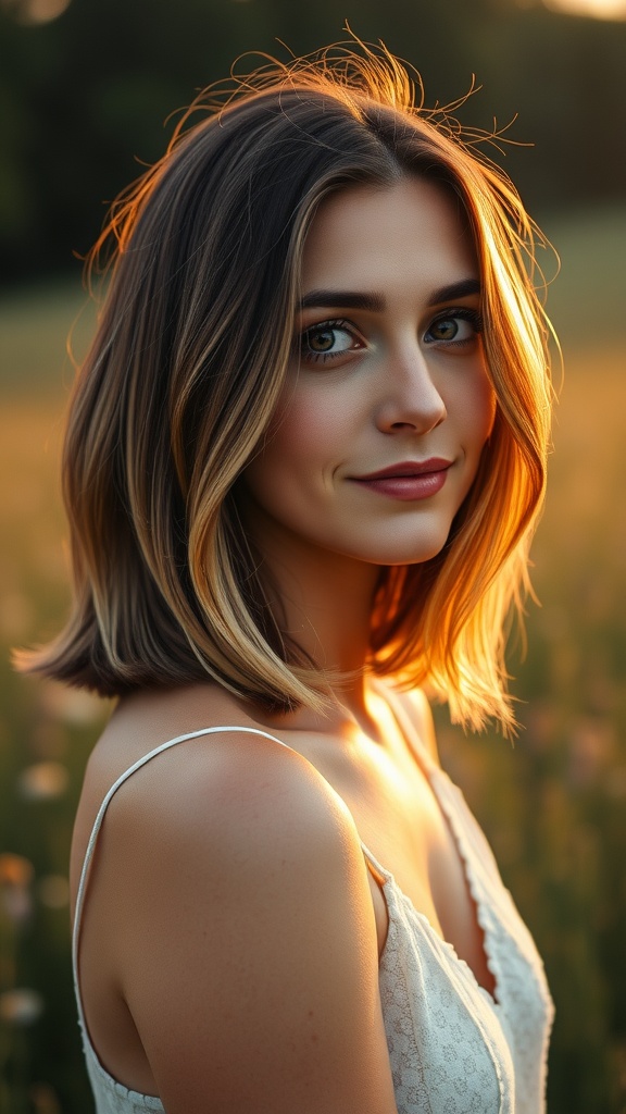 A woman with an A-Line Bob haircut featuring soft ombre, smiling in a sunlit field