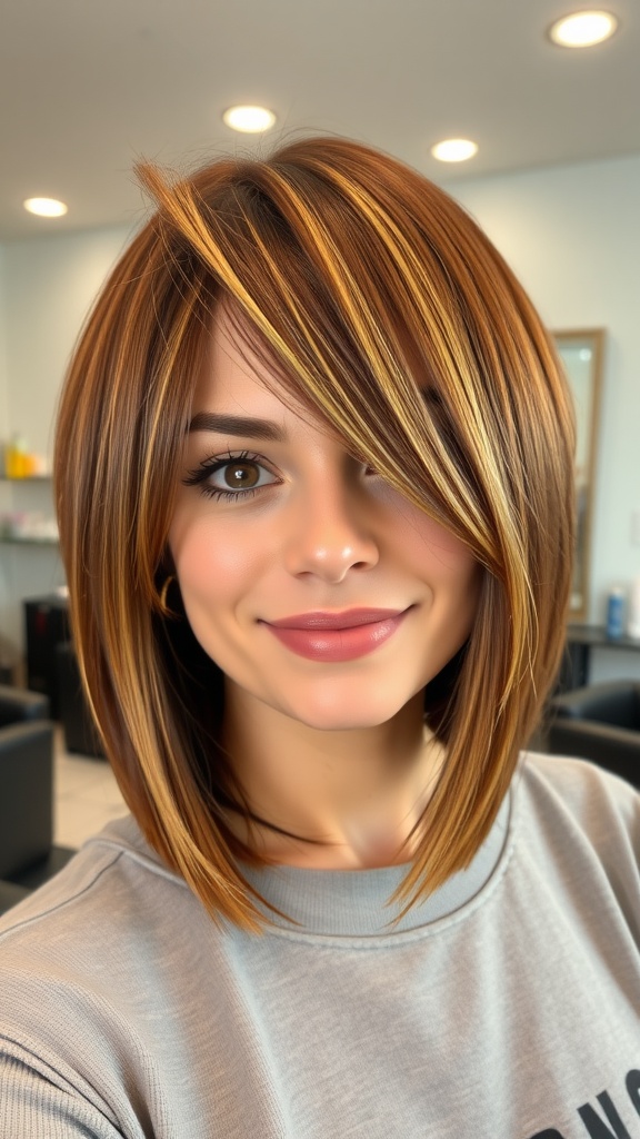 A woman with an angled A-line bob haircut featuring highlights, smiling at the camera.
