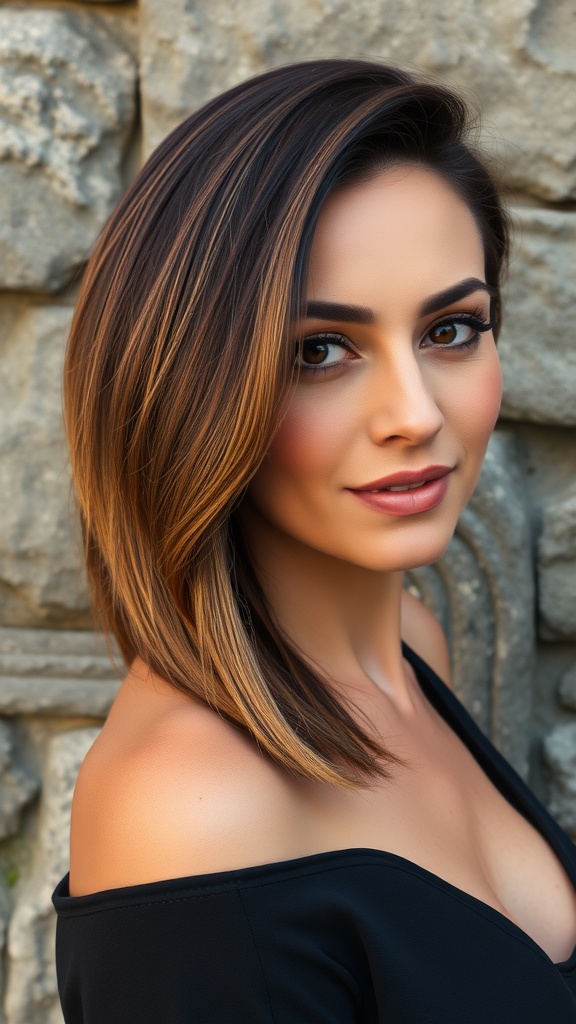 A woman with an angled asymmetrical bob hairstyle and ombre coloring, looking confidently at the camera.