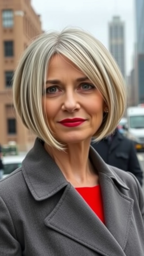 A woman with an angled bob hairstyle, showcasing a modern and stylish look.