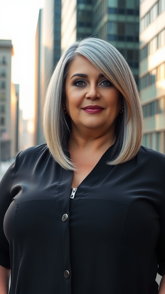 A woman with a stylish angled bob haircut, wearing a black blazer and smiling confidently.