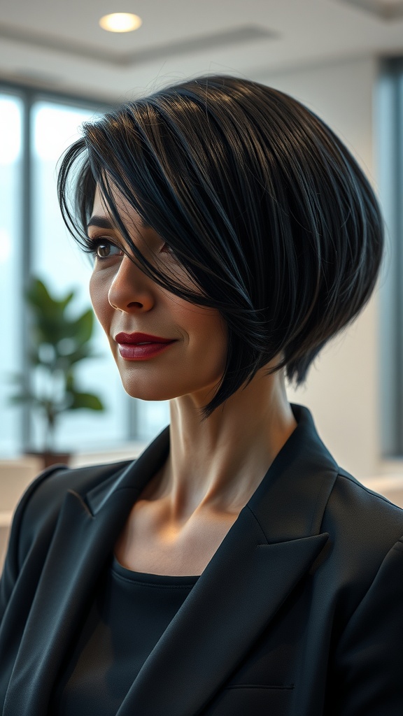 A woman with an angled bob and wispy, side-swept bangs, looking stylish and confident.