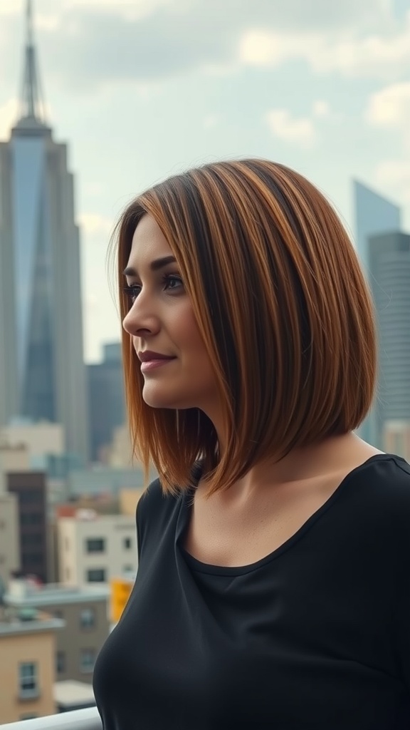 Woman with an angled lob haircut, showcasing rich color and warm highlights, standing in an urban setting.