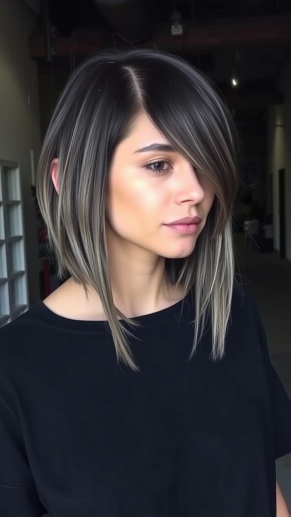 A woman with an angled lob hairstyle featuring an ombre effect, showcasing dark roots that gradually lighten toward the ends.