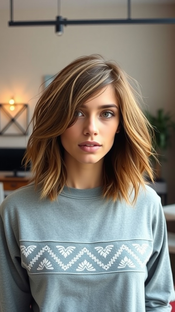 A young woman with an angled shag haircut featuring tousled layers, standing indoors