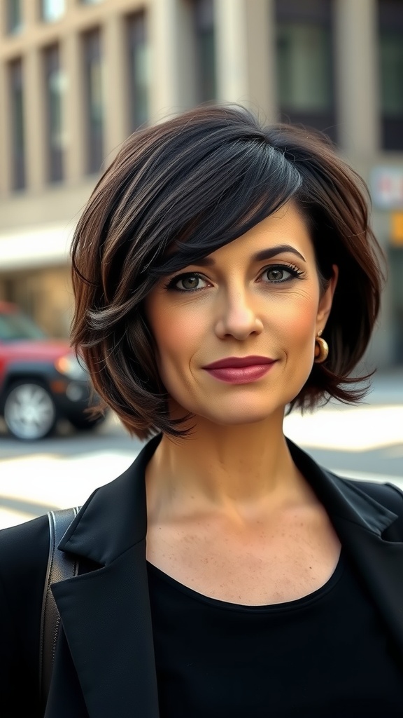 A woman with an asymmetrical A-line bob hairstyle, wearing a black top and blazer, standing outdoors.