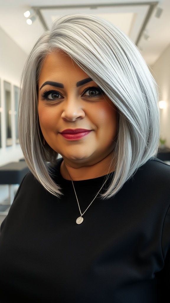 A woman with an asymmetrical bob hairstyle in silver, showcasing a stylish look.