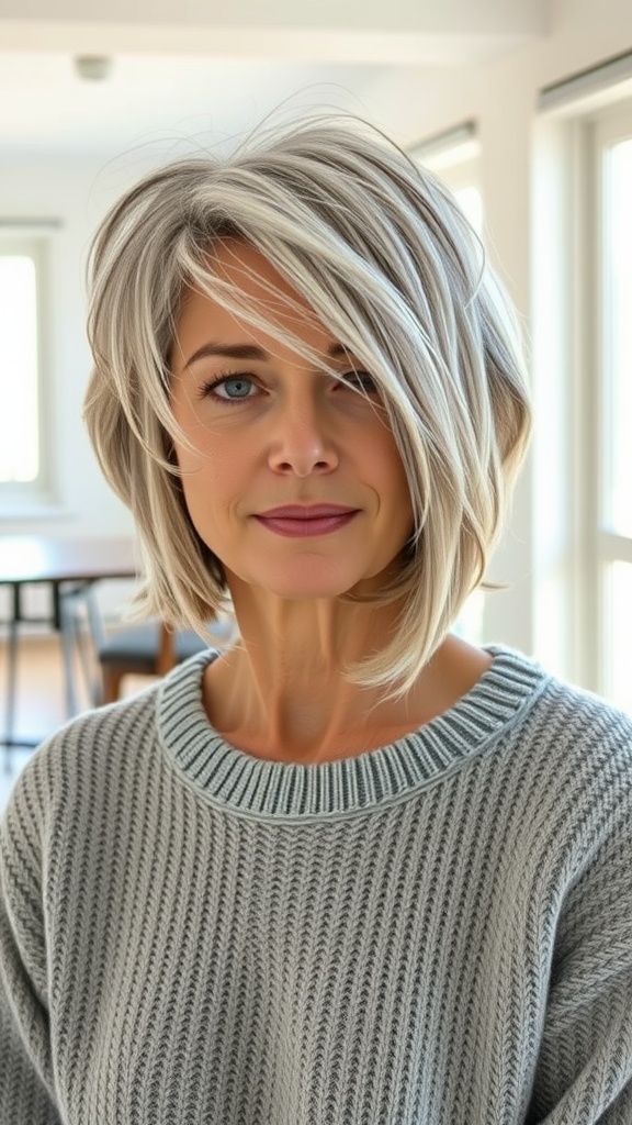A woman with an asymmetrical bob and feathered bangs, wearing a cozy sweater, smiling at the camera.
