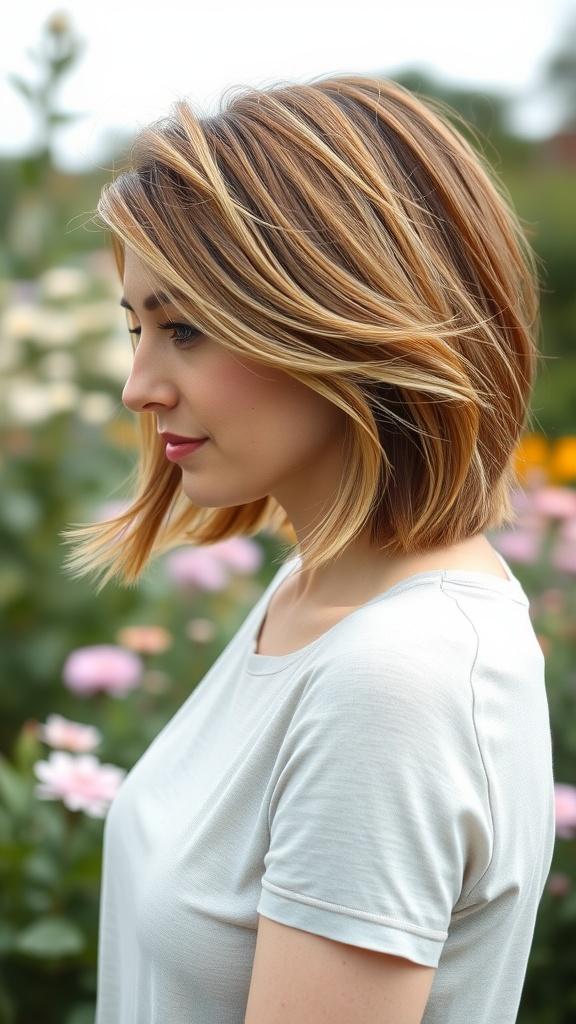 A woman with an asymmetrical bob hairstyle featuring feathered layers, standing in a garden with flowers.