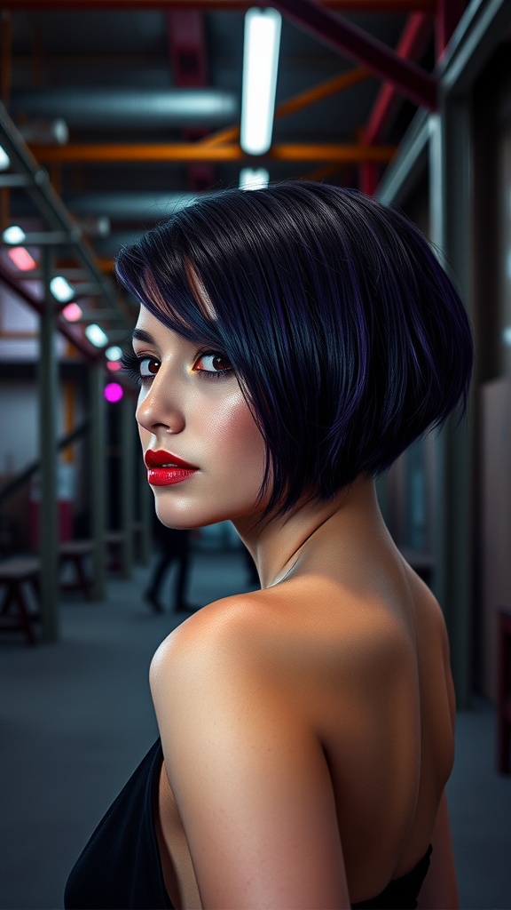 A stylish woman showcasing an asymmetrical bob haircut with a side shave, featuring dark hair with purple highlights, in a modern setting.