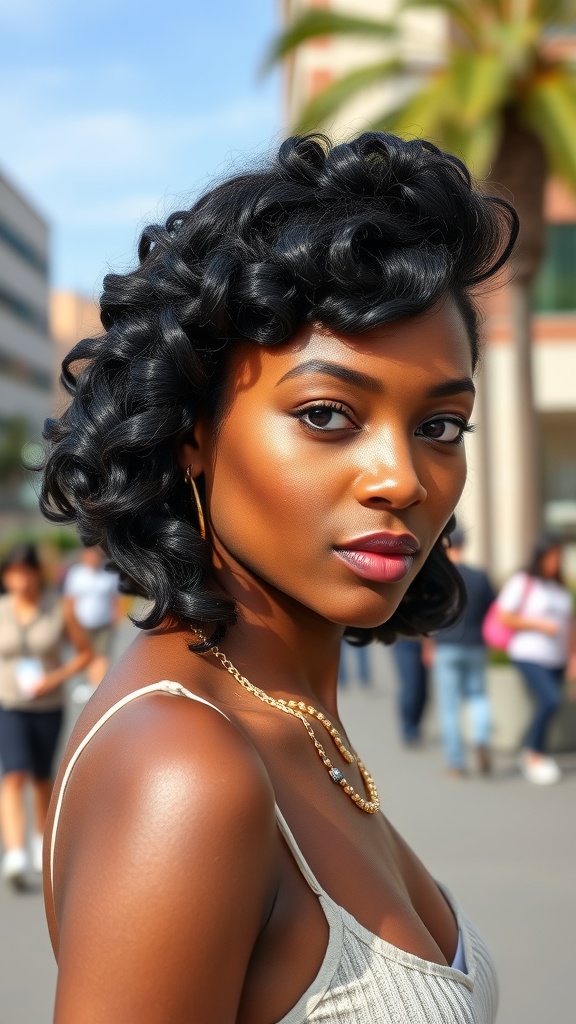 A woman with an asymmetrical bob hairstyle featuring tight curls, standing confidently outdoors.