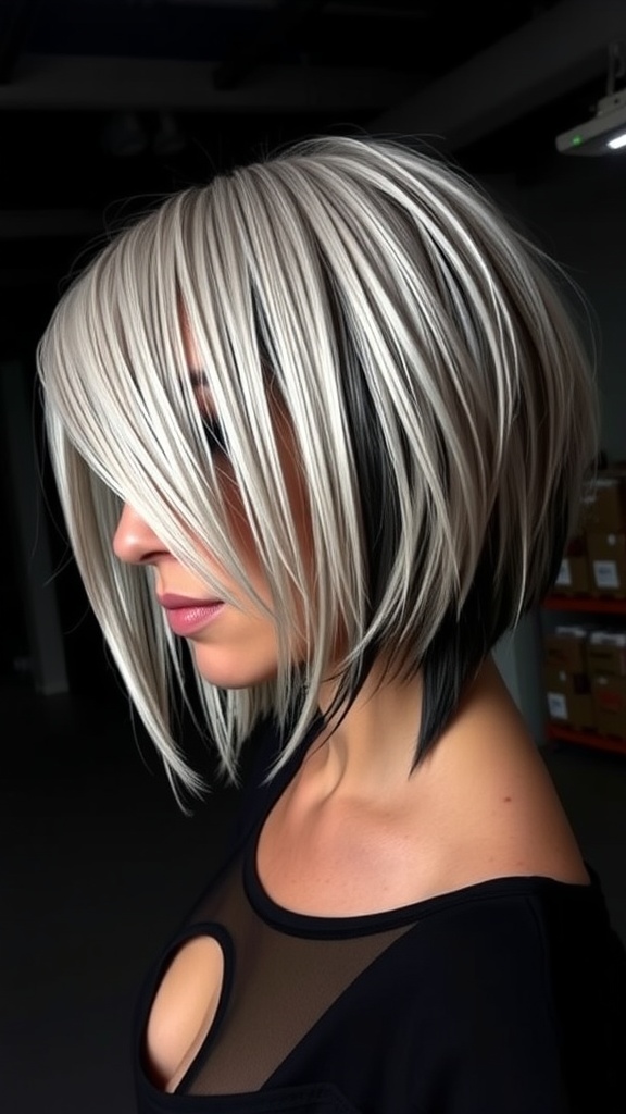 A stylish asymmetrical bob with an undercut, featuring contrasting blonde and dark hair colors.