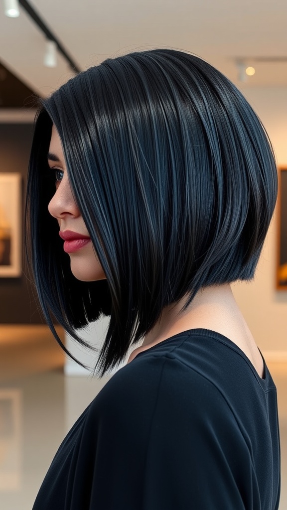 A woman showcasing an asymmetrical layered bob haircut with sleek, dark hair.