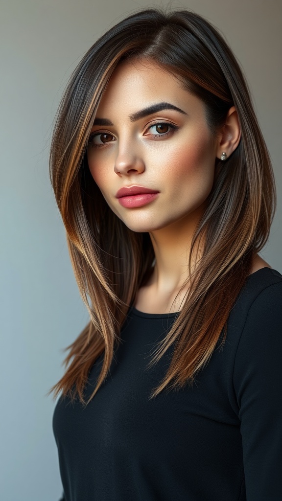 A woman with asymmetrical lob haircut and curtain bangs