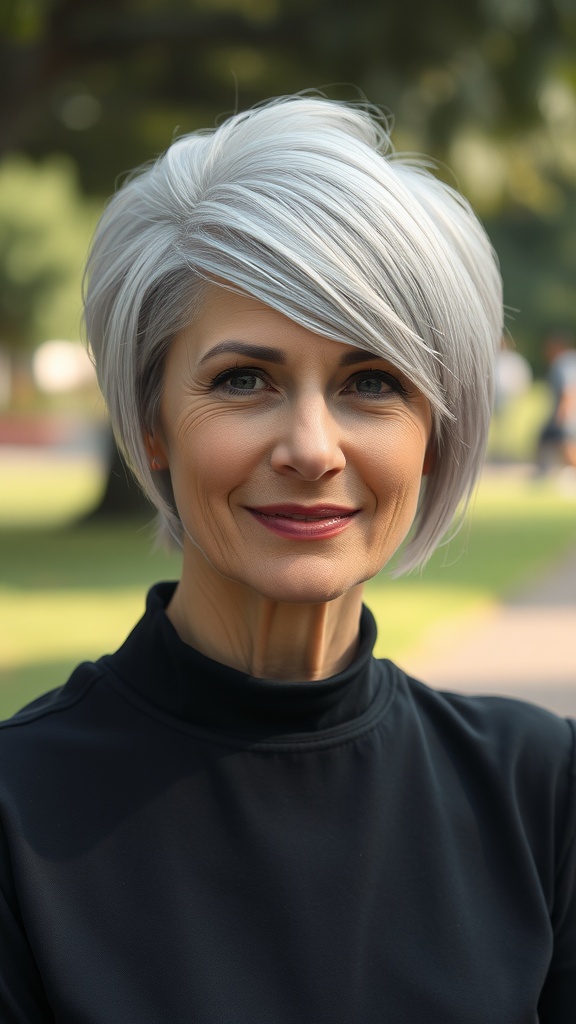 A woman with a silver asymmetrical pixie haircut, smiling confidently outdoors.