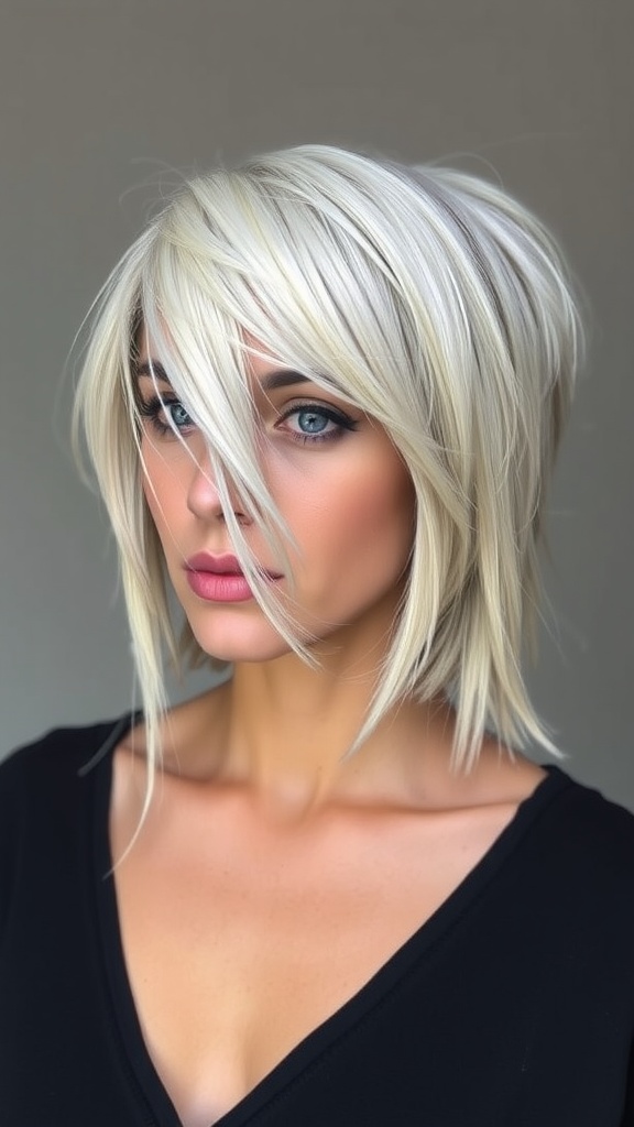 A woman with an asymmetrical shag haircut, featuring layered blonde hair styled to one side.