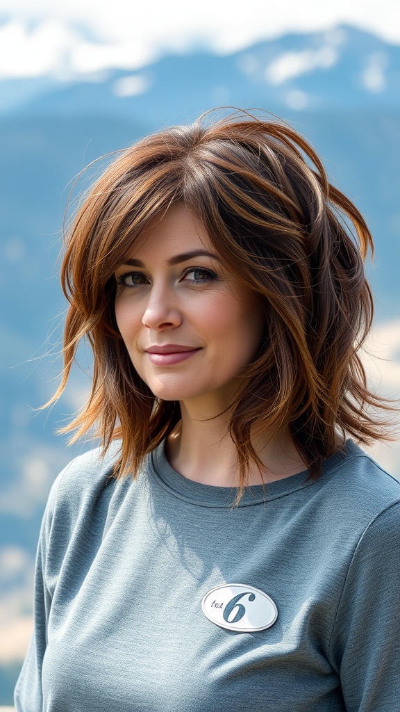 A woman with an asymmetrical shaggy bob hairstyle featuring textured waves, set against a scenic backdrop.