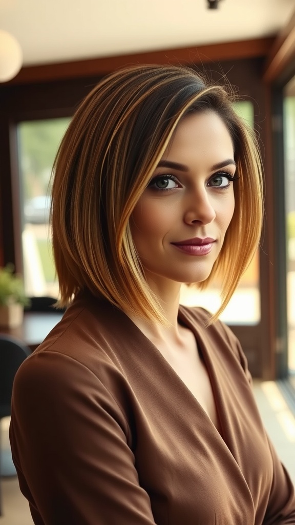 A woman with a stylish balayage A-line bob haircut, showcasing a blend of colors and a modern cut.