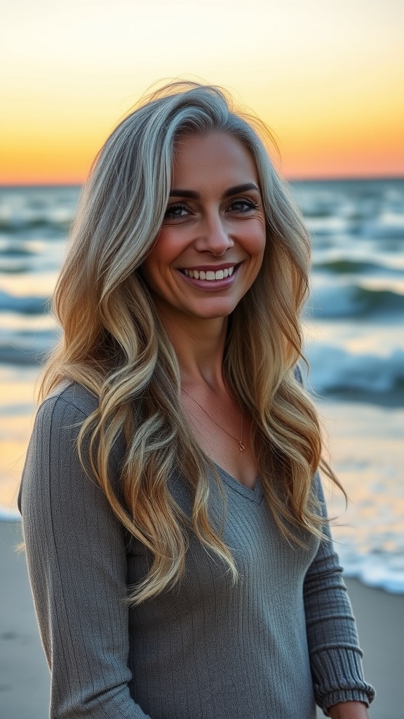 Woman with long beach wave shag hairstyle smiling by the ocean during sunset.