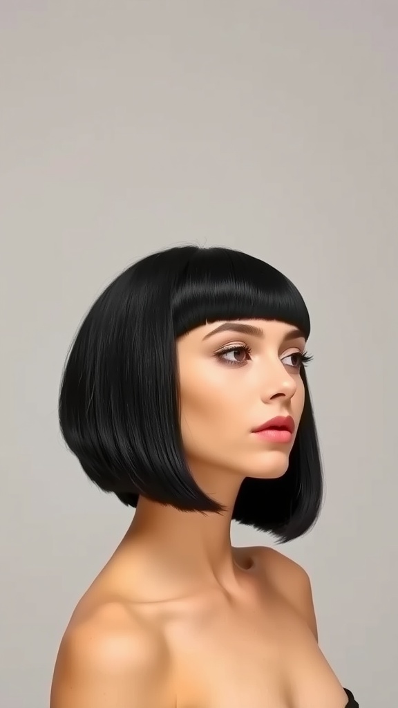 A woman with a blunt A-line bob hairstyle, showcasing sleek black hair and straight bangs.